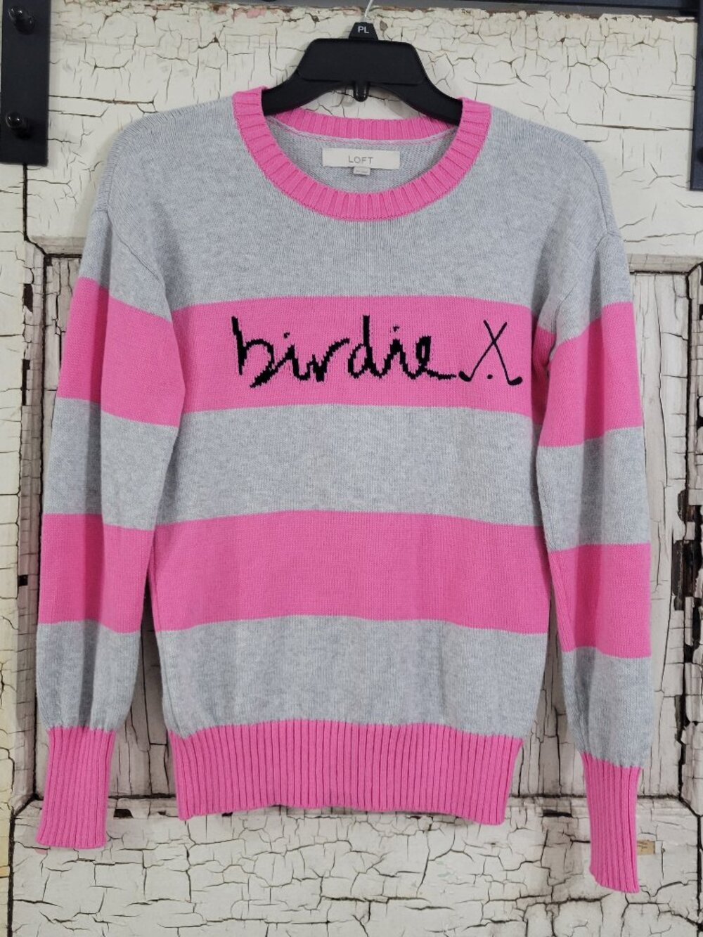 Ann Taylor LOFT Womens Gray Pink Striped Golf Birdie Preppy Crew Neck Sweater XS